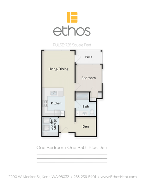 Floor plan for 1 bed, 1 bath, 728 sqft